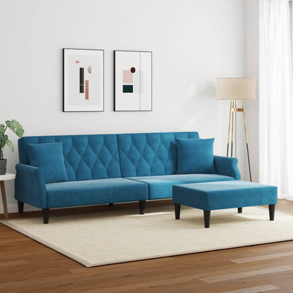 Divano Letto 2 Posti con Cuscini e Poggiapiedi Blu in Velluto