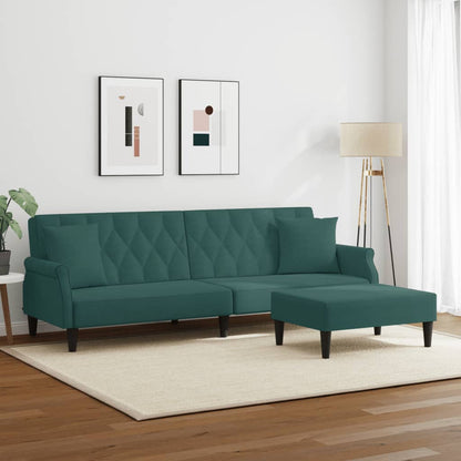Divano Letto 2 Posti Cuscini e Poggiapiedi Verde Scuro Velluto