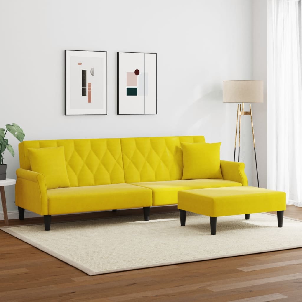 Divano Letto 2 Posti con Cuscini e Sgabello Giallo in Velluto