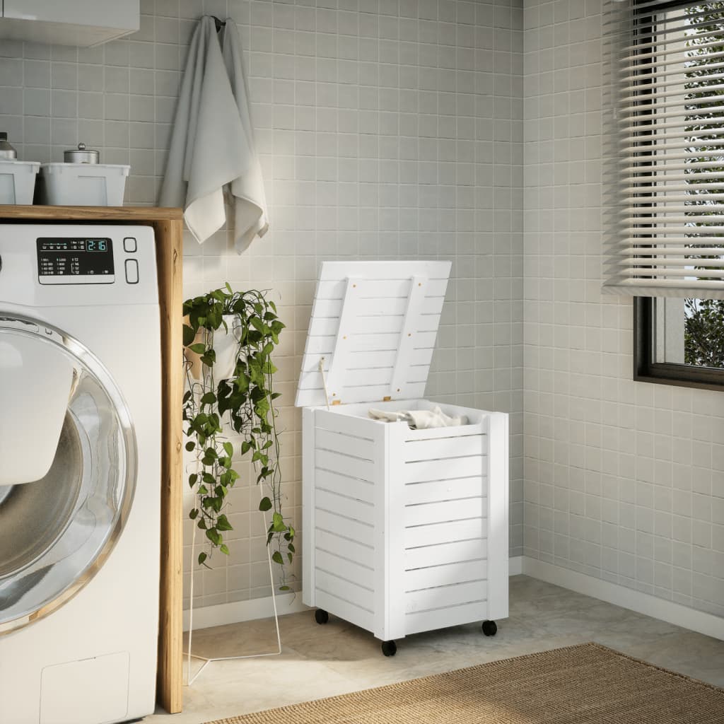 Cesta Biancheria con Ruote RANA Bianca 45x45x64cm Massello Pino