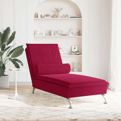 Chaise Longue Massaggi con Cuscino a Rullo Rosso Vino Velluto