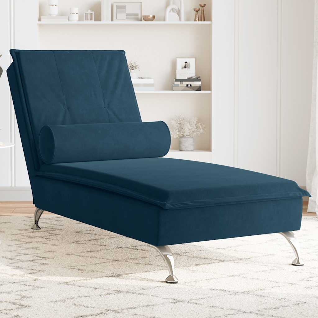 Chaise Longue Massaggi con Cuscino a Rullo Blu in Velluto