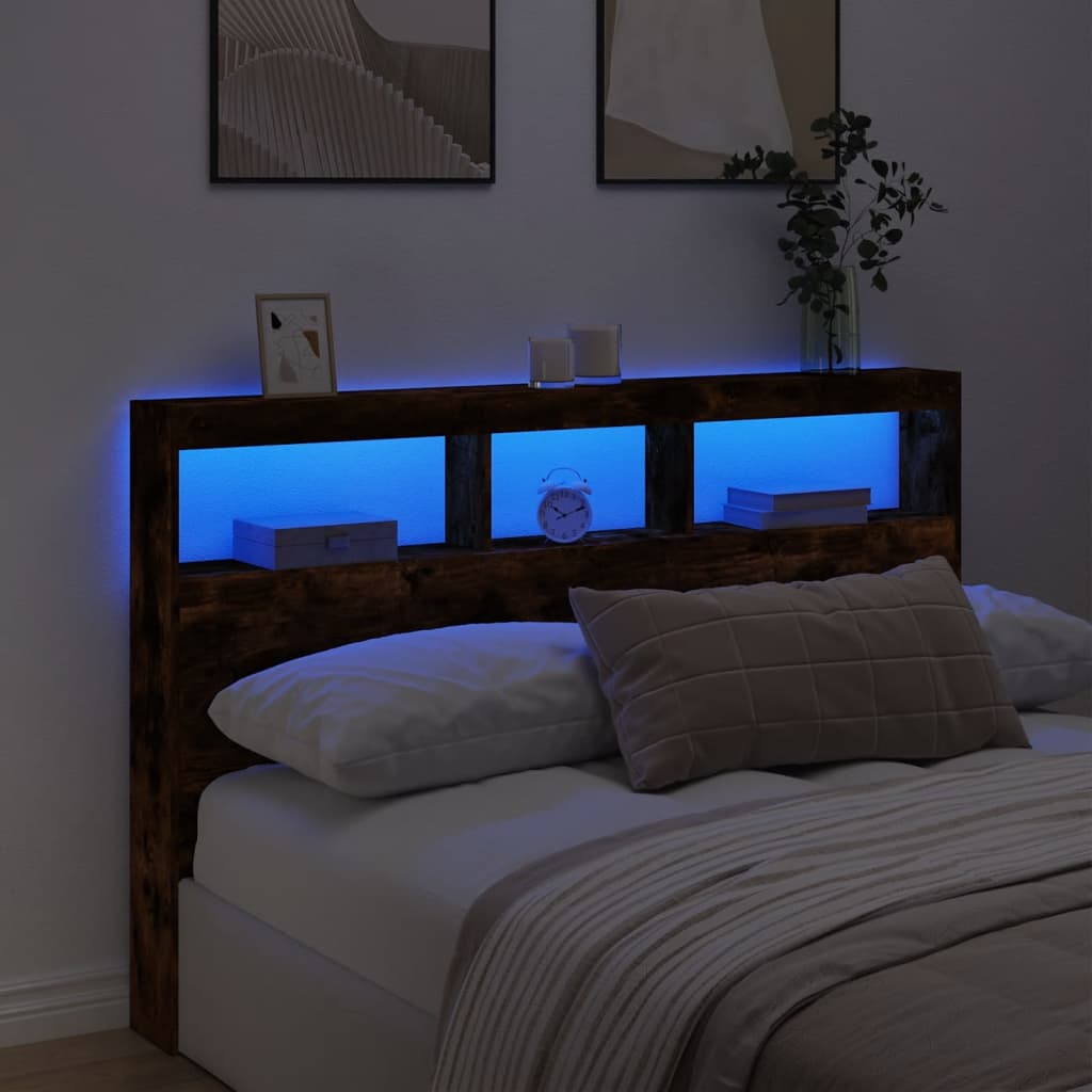 Testiera con Contenitore a LED Rovere Fumo 160x17x102 cm