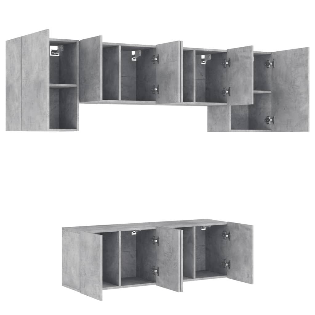 Mobili TV a Muro 6pz Grigio Cemento Legno Multistrato