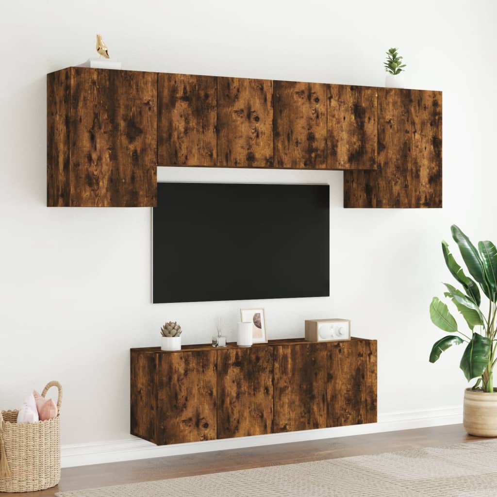 Mobili TV a Muro 6pz Rovere Fumo in Legno Multistrato