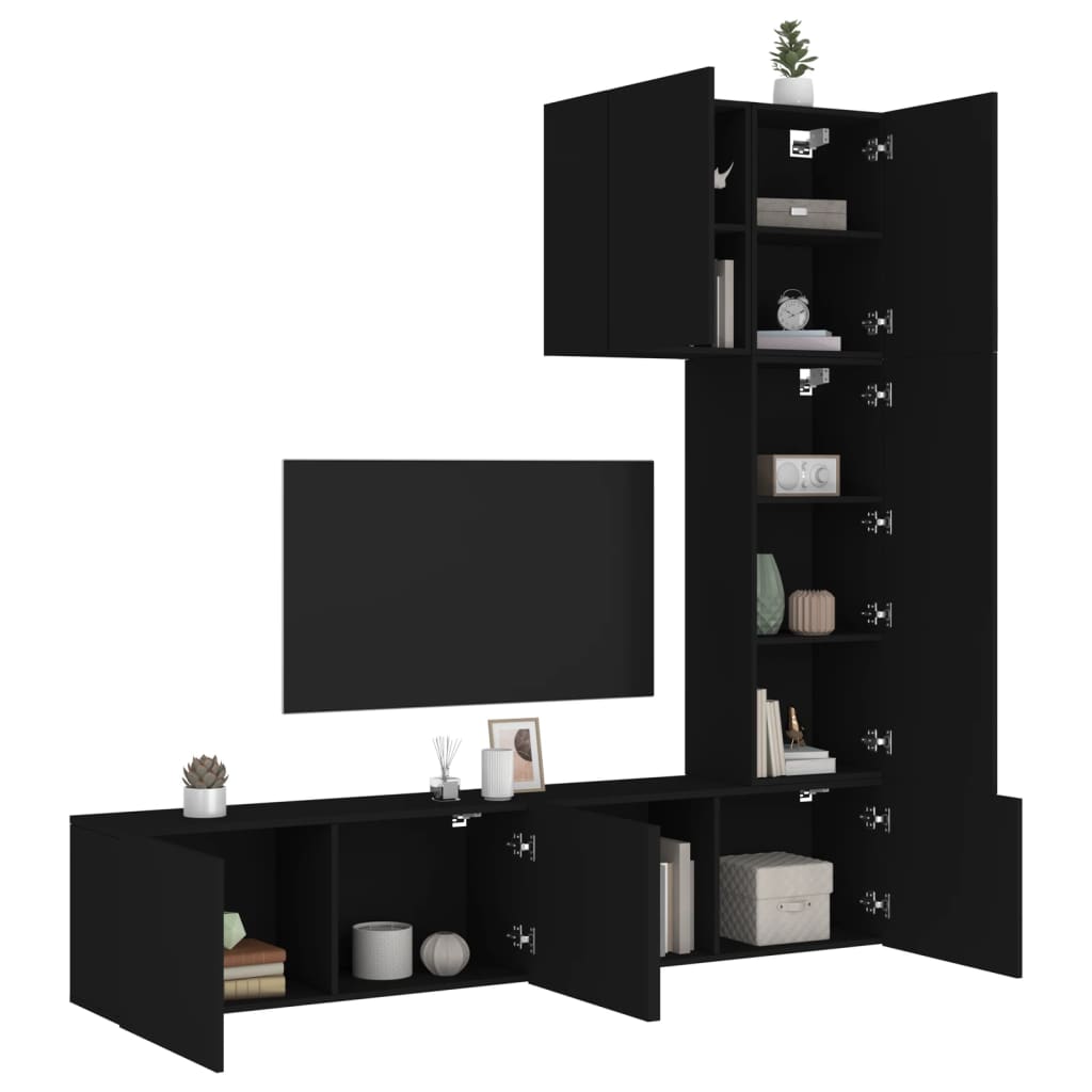 Mobili TV a Muro 5pz Neri in Legno Multistrato