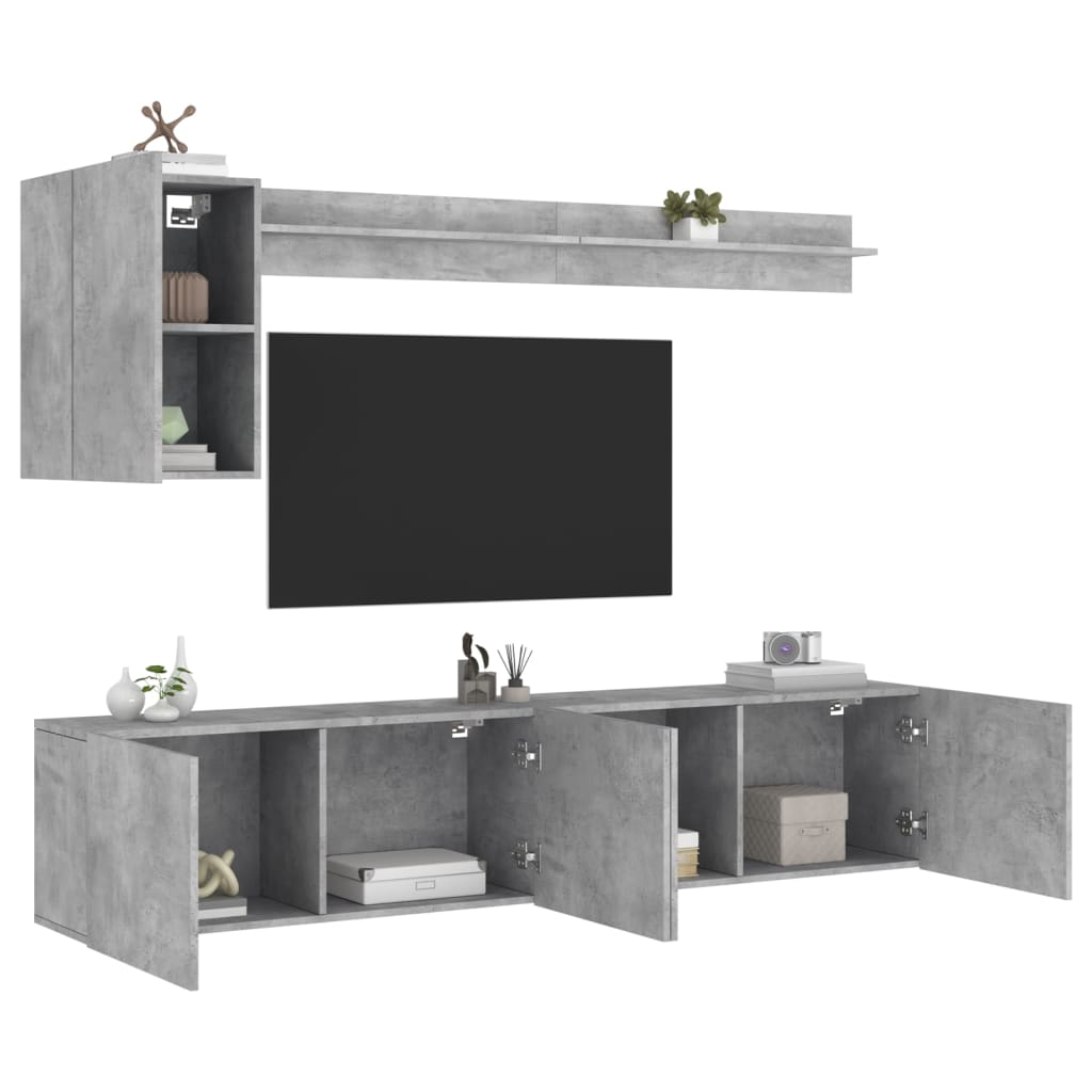 Mobili TV a Muro con LED 5pz Grigio Cemento Legno Multistrato