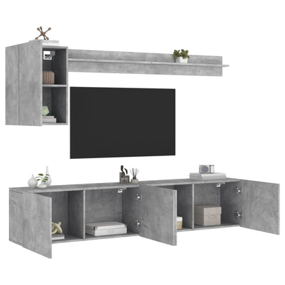 Mobili TV a Muro con LED 5pz Grigio Cemento Legno Multistrato