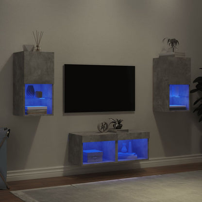 Mobili TV a Muro 4pz con Luci LED Grigio Cemento