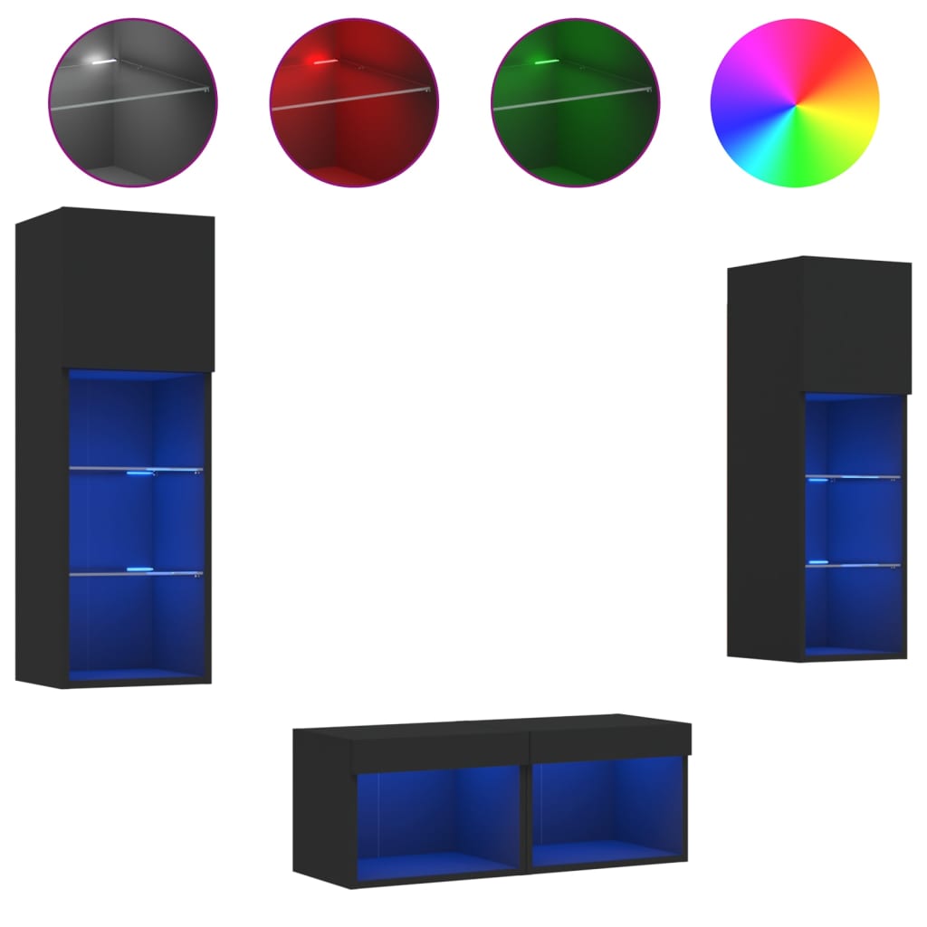 Mobili TV a Muro 4pz con Luci LED Neri