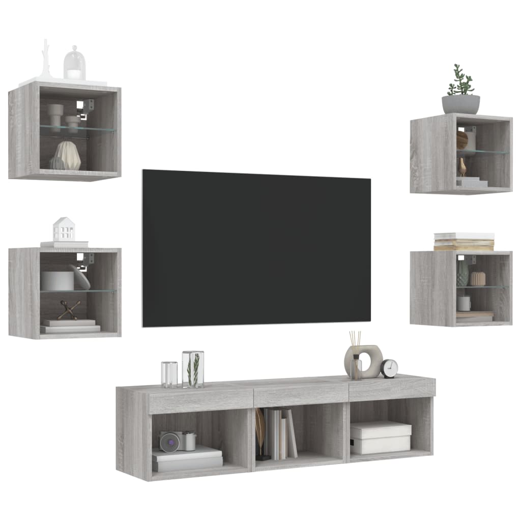 Mobili TV a Muro con LED 7pz Grigio Sonoma Legno Multistrato