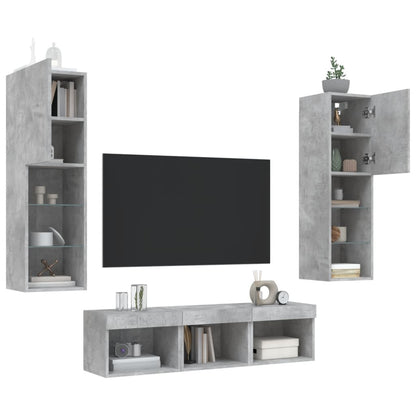Mobili TV a Muro con LED 5pz Grigio Cemento Legno Multistrato