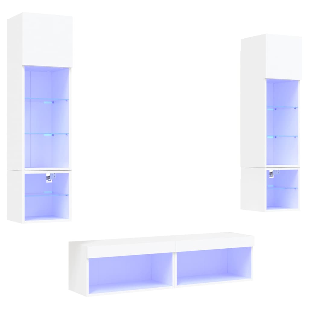 Mobili TV a Muro con LED 6pz Bianchi in Legno Multistrato