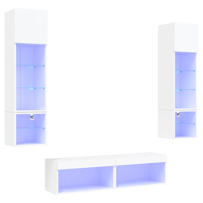 Mobili TV a Muro con LED 6pz Bianchi in Legno Multistrato
