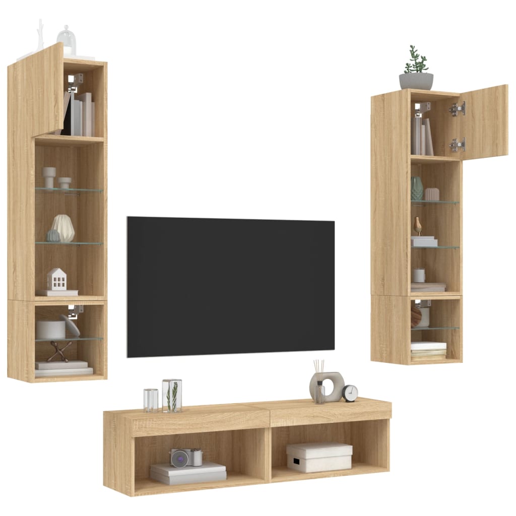 Mobili TV a Muro con LED 6pz Rovere Sonoma Legno Multistrato