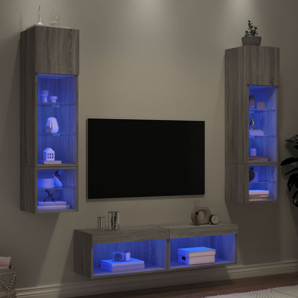 Mobili TV a Muro con LED 6pz Grigio Sonoma Legno Multistrato