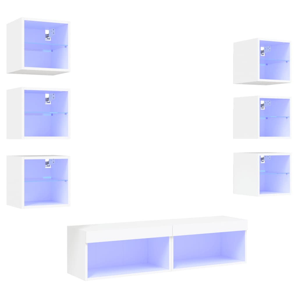 Mobili TV a Muro con LED 8pz Bianchi in Legno Multistrato