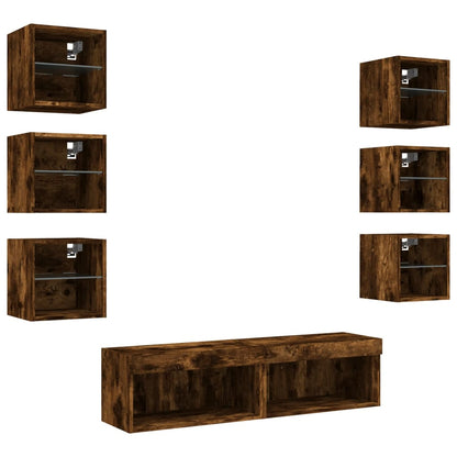 Mobili TV a Muro con LED 8pz Rovere Fumo in Legno Multistrato