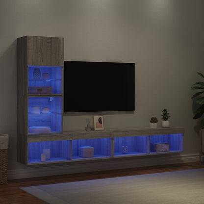 Mobili TV a Muro con LED 4pz Grigio Sonoma in Legno Multistrato