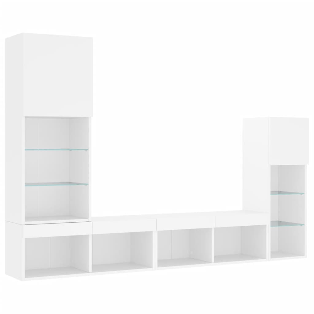 Mobili TV a Muro con LED 4pz Bianchi in Legno Multistrato