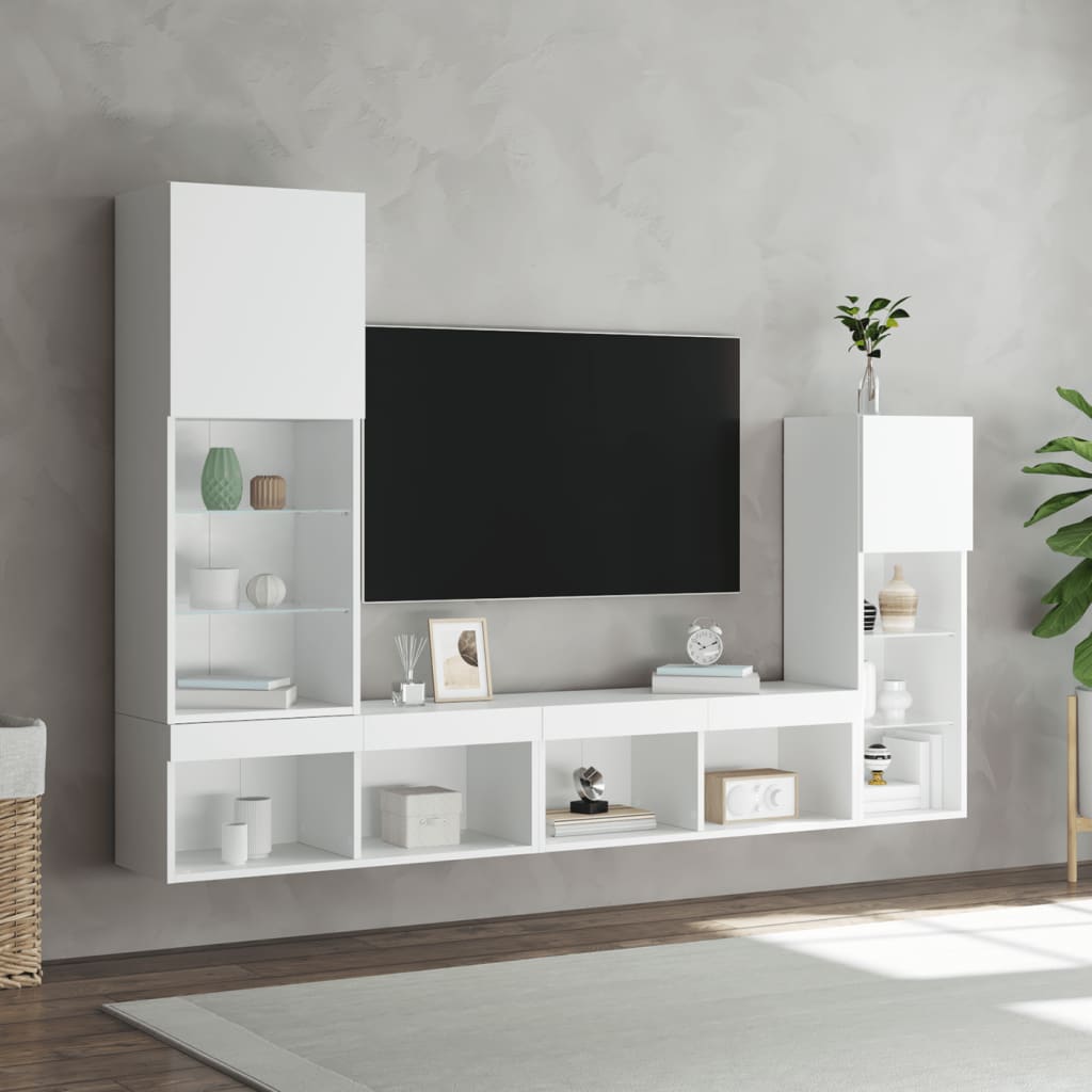 Mobili TV a Muro con LED 4pz Bianchi in Legno Multistrato