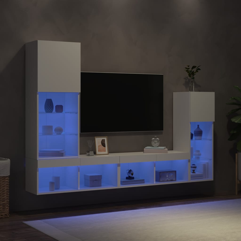 Mobili TV a Muro con LED 4pz Bianchi in Legno Multistrato