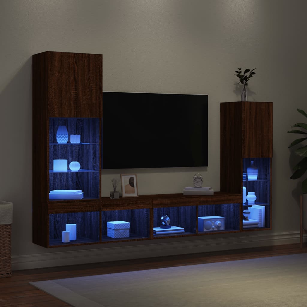 Mobili TV a Muro con LED 4pz Rovere Marrone Legno Multistrato