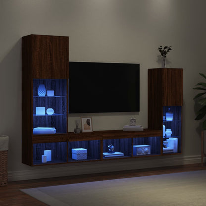 Mobili TV a Muro con LED 4pz Rovere Marrone Legno Multistrato