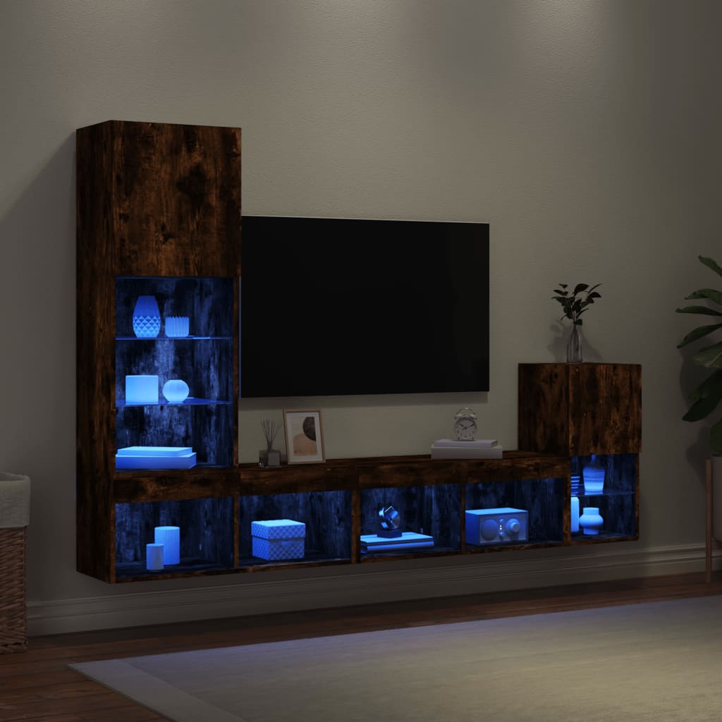Mobili TV a Muro con LED 4pz Rovere Fumo in Legno Multistrato