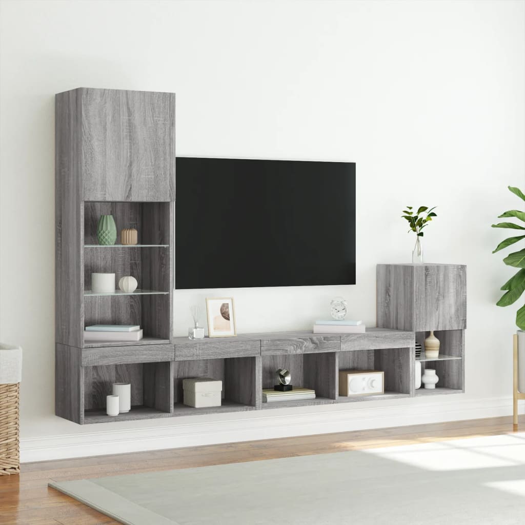 Mobili TV a Muro con LED 4pz Grigio Sonoma in Legno Multistrato