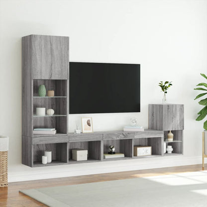 Mobili TV a Muro con LED 4pz Grigio Sonoma in Legno Multistrato