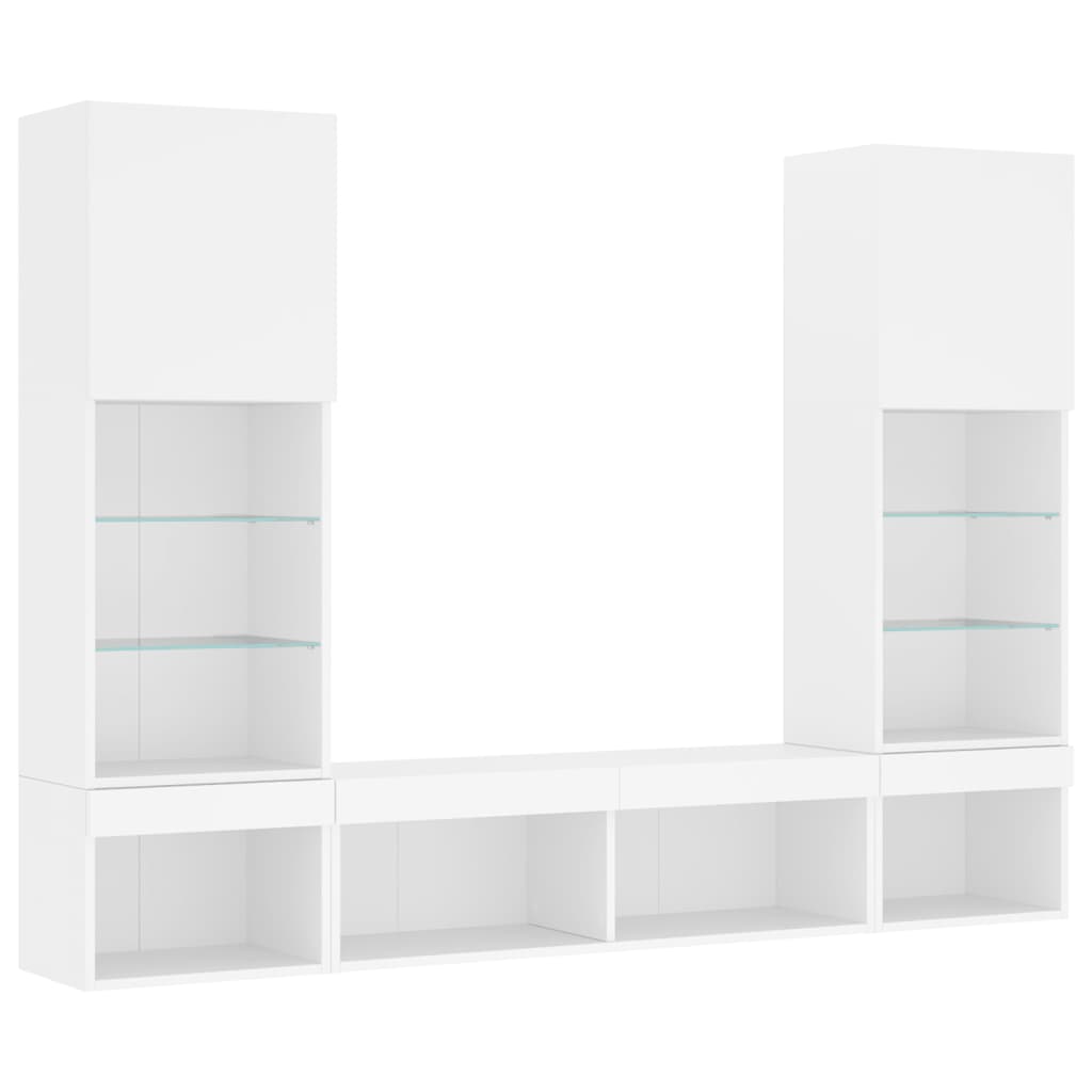Mobili TV a Muro con LED 5pz Bianchi in Legno Multistrato