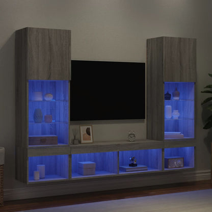 Mobili TV a Muro con LED 5pz Grigio Sonoma in Legno Multistrato