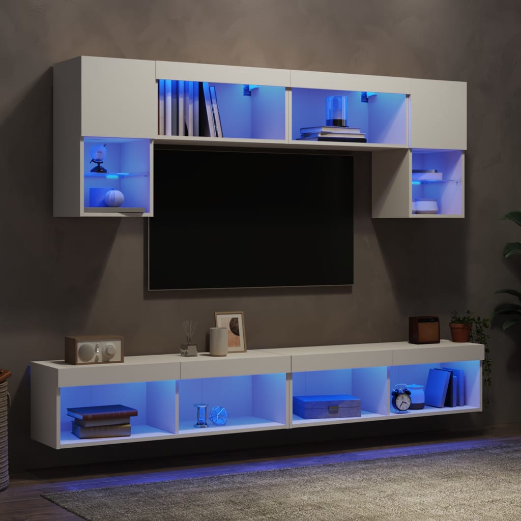 Mobili TV a Muro con LED 6pz Bianchi in Legno Multistrato