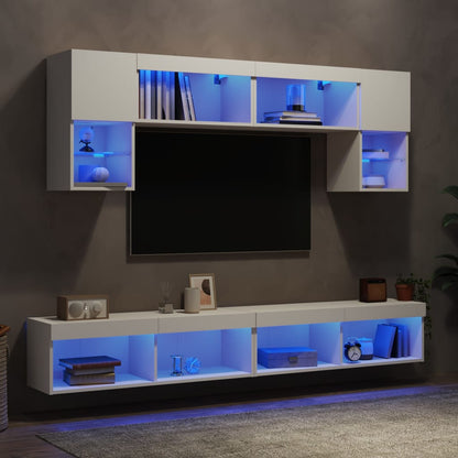 Mobili TV a Muro con LED 6pz Bianchi in Legno Multistrato