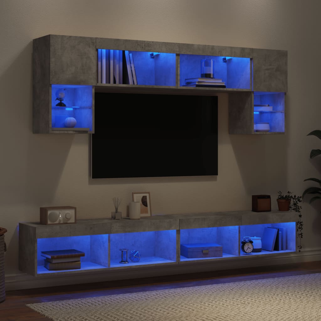 Mobili TV a Muro con LED 6pz Grigio Cemento Legno Multistrato