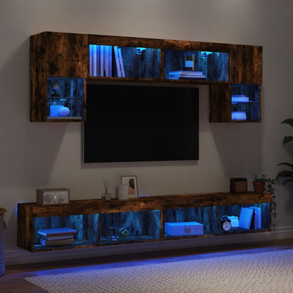 Mobili TV a Muro con LED 6pz Rovere Fumo in Legno Multistrato