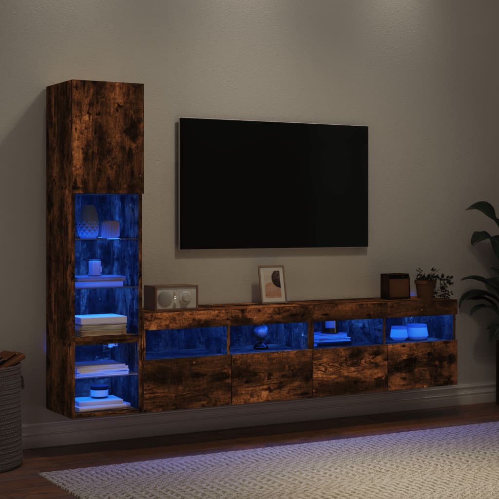 Mobili TV a Muro con LED 4pz Rovere Fumo in Legno Multistrato