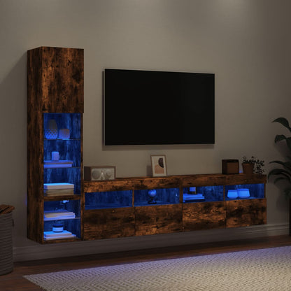 Mobili TV a Muro con LED 4pz Rovere Fumo in Legno Multistrato