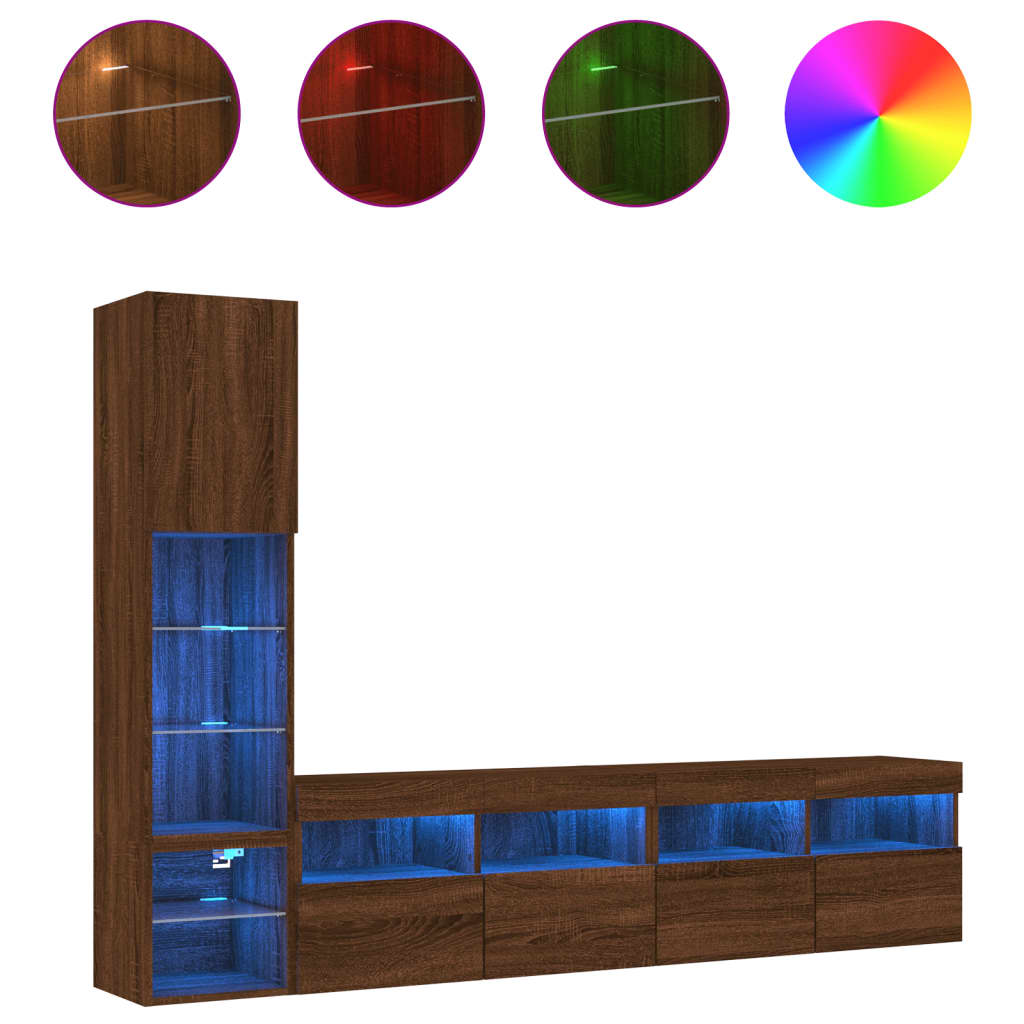 Mobili TV a Muro con LED 4pz Rovere Marrone Legno Multistrato