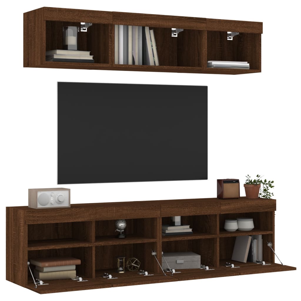 Mobili TV a Muro con LED 5pz Rovere Marrone Legno Multistrato