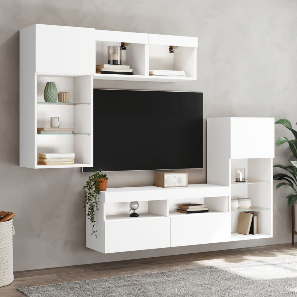 Mobili TV a Muro con LED 5pz Bianchi in Legno Multistrato