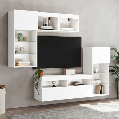 Mobili TV a Muro con LED 5pz Bianchi in Legno Multistrato