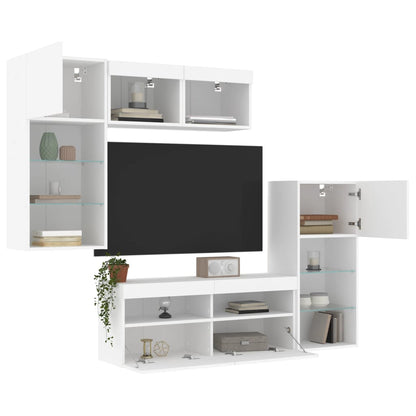 Mobili TV a Muro con LED 5pz Bianchi in Legno Multistrato