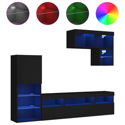 Mobili TV a Muro con LED 6pz Neri in Legno Multistrato