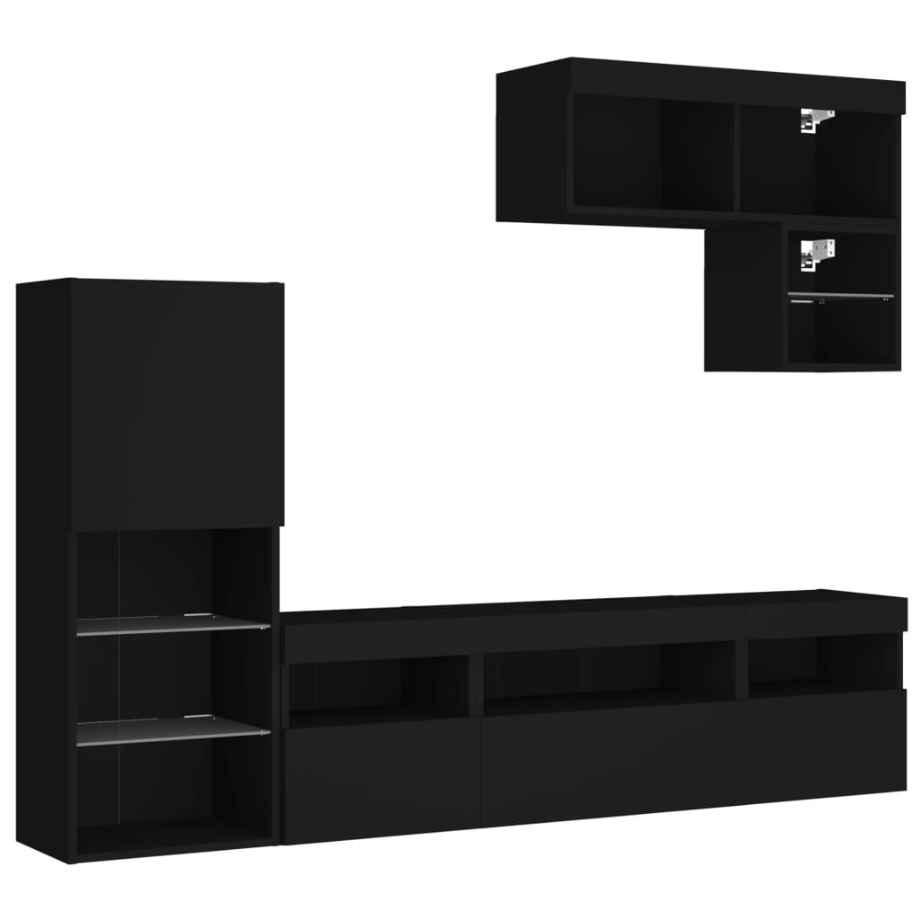 Mobili TV a Muro con LED 6pz Neri in Legno Multistrato