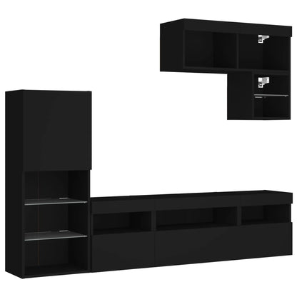 Mobili TV a Muro con LED 6pz Neri in Legno Multistrato