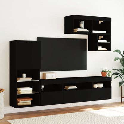Mobili TV a Muro con LED 6pz Neri in Legno Multistrato
