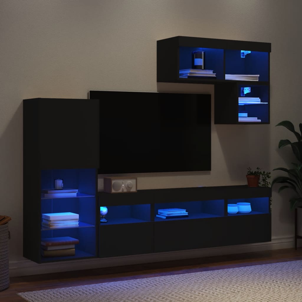 Mobili TV a Muro con LED 6pz Neri in Legno Multistrato