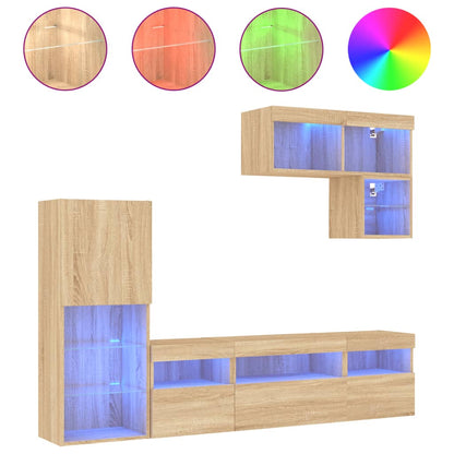 Mobili TV a Muro con LED 6pz Rovere Sonoma Legno Multistrato